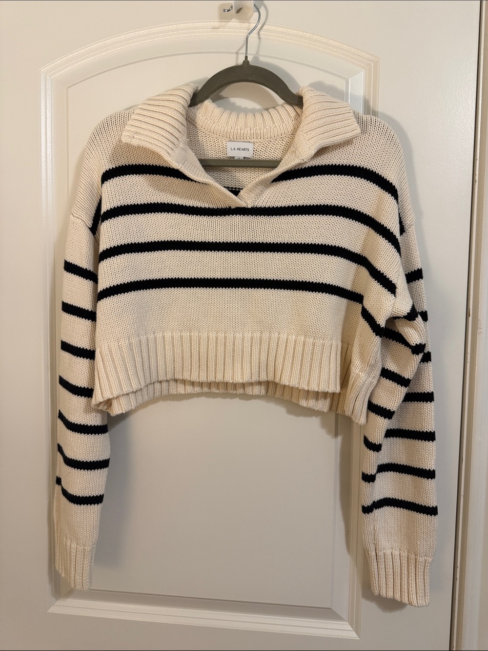 La Hearts Cream & Black Striped Cropped V-Neck Sweater